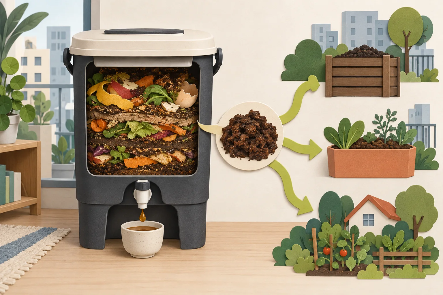Illustration éditoriale générée pour Bokashi en appartement sans jardin : que faire du seau, du jus et du précompost ?