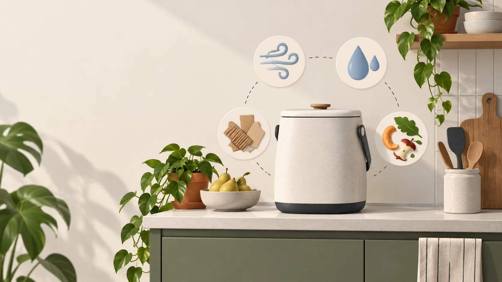 Illustration d'un composteur compact entouré des quatre facteurs d'équilibre