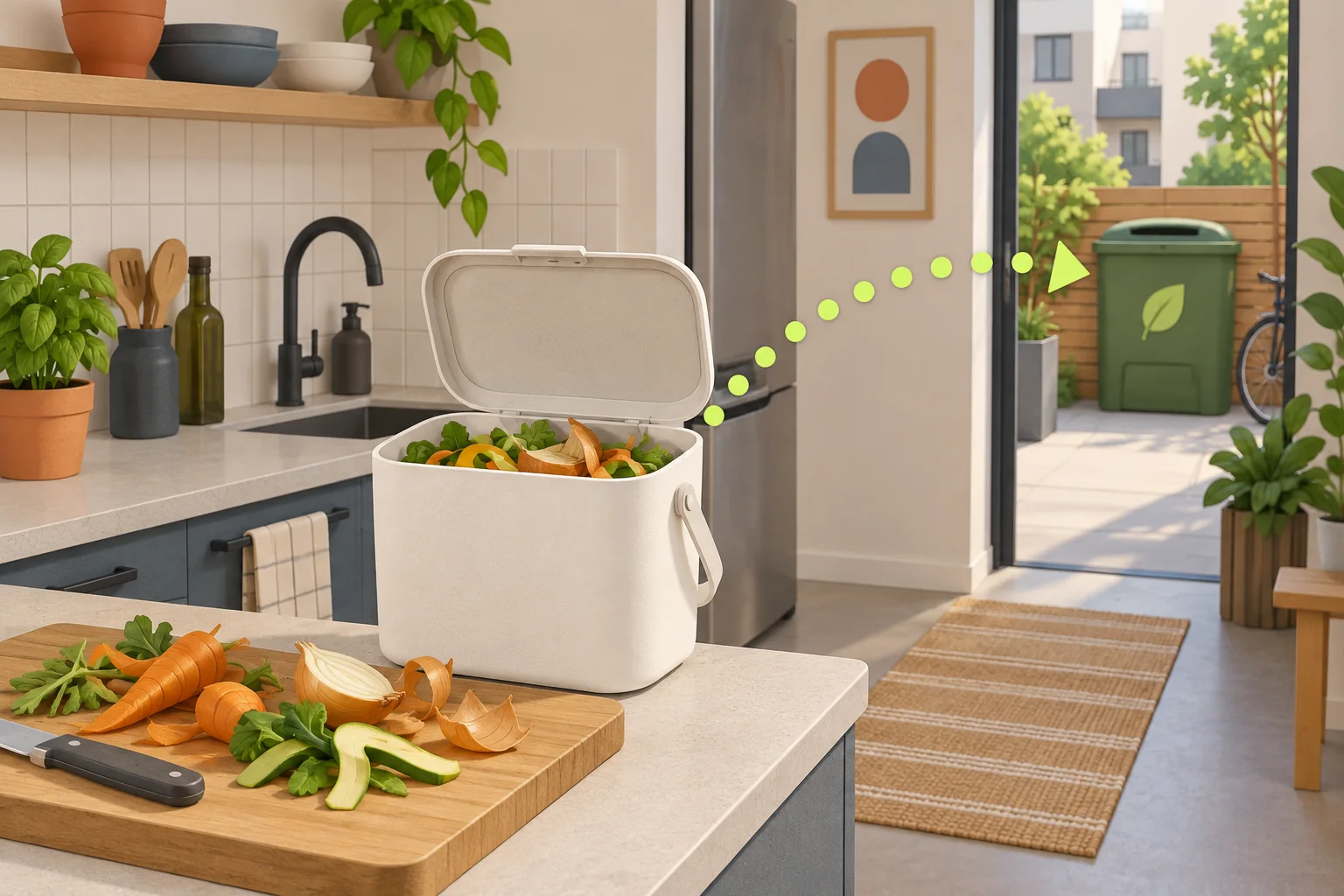 Illustration éditoriale générée pour Bio-seau de cuisine 6 L : trier sans composter chez soi