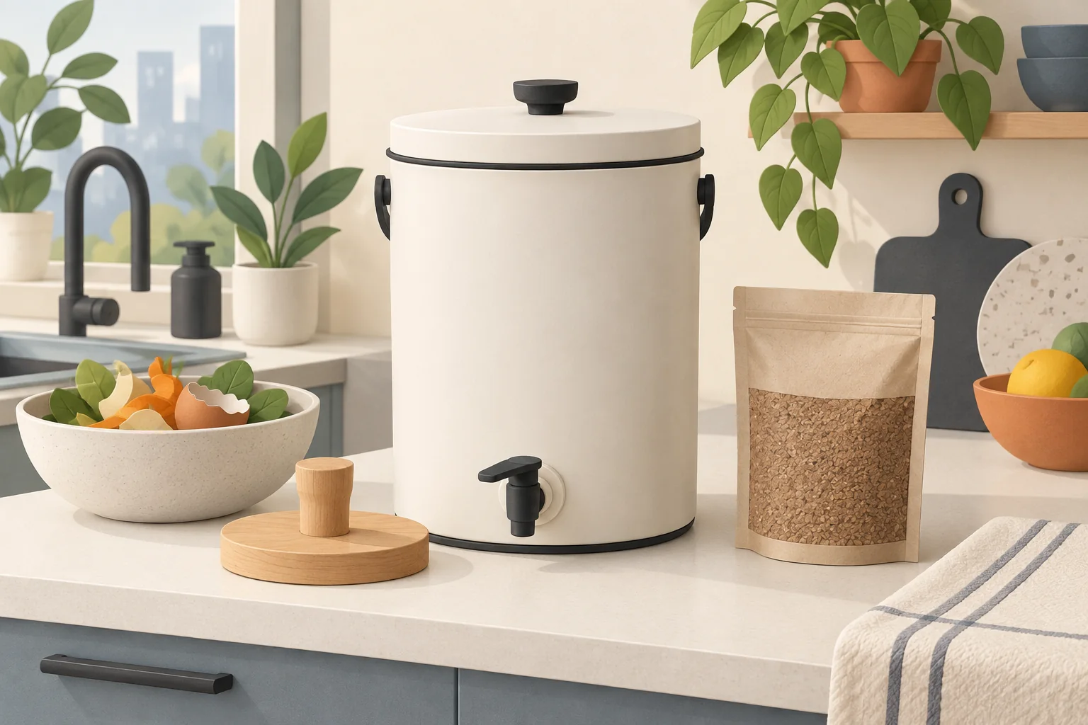 Illustration éditoriale générée pour Bokashi Organko 2 9,6 L : pour quel appartement ?