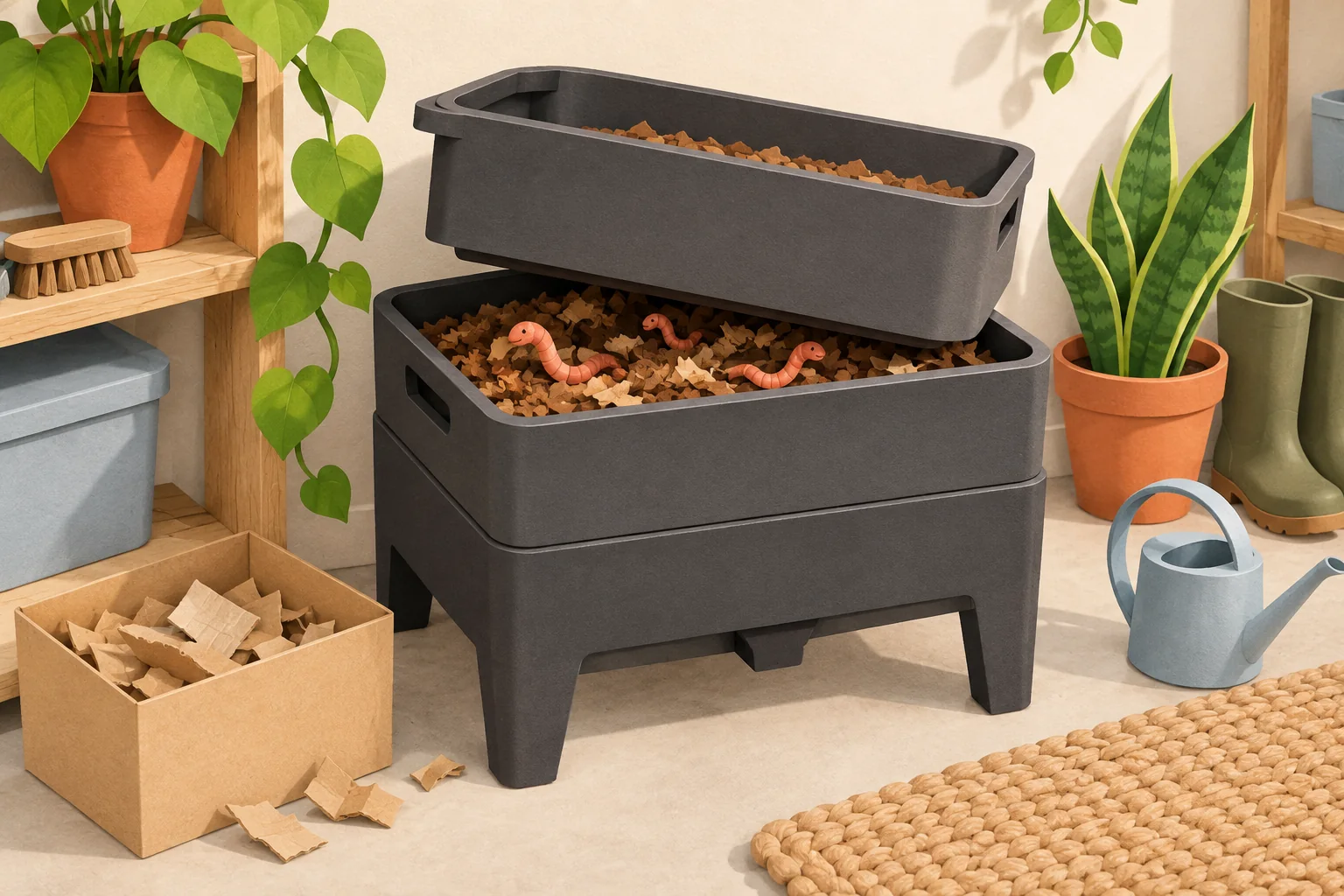 Illustration éditoriale générée pour WormBox 2 plateaux 64 L : espace et démarrage