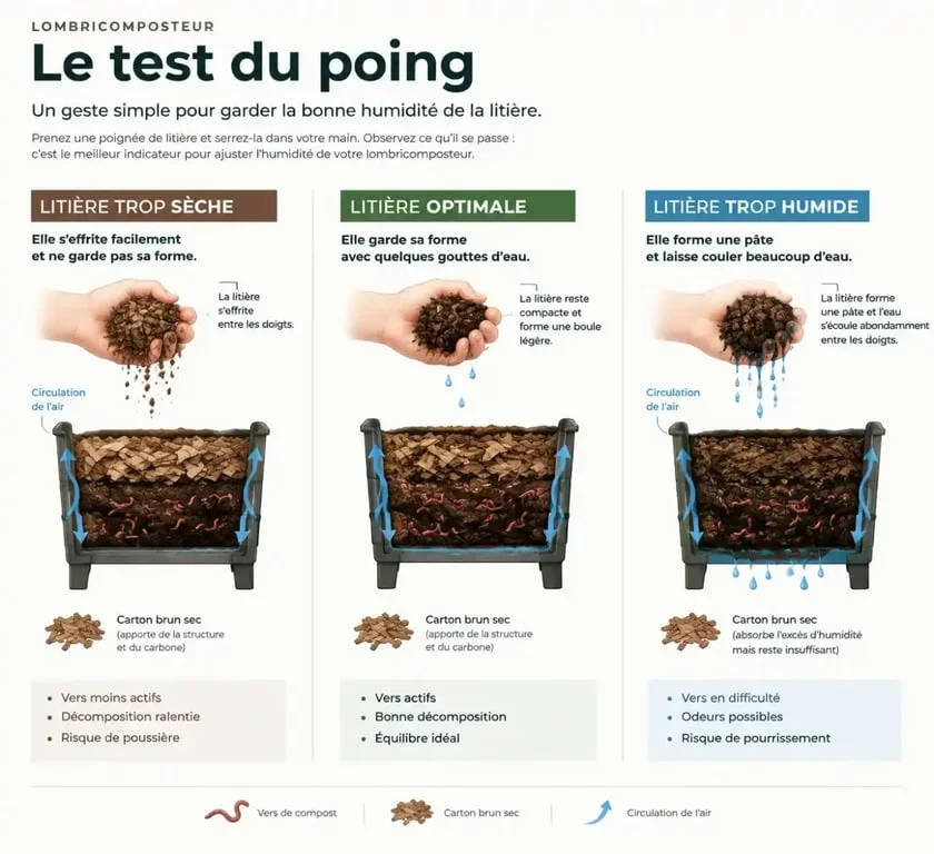 Test du poing pour identifier un lombricomposteur trop humide