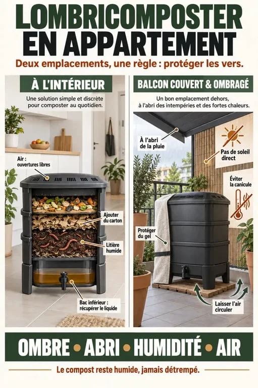 Infographie sur le lombricomposteur appartement balcon et son installation à l'intérieur ou sur un balcon couvert