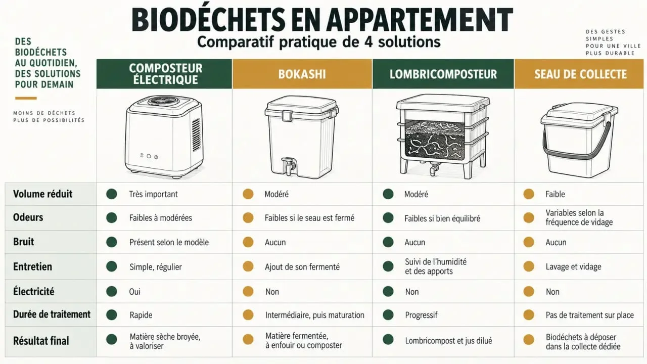 Infographie comparative sur le composteur appartement électrique, le bokashi, le lombricomposteur et le seau à biodéchets