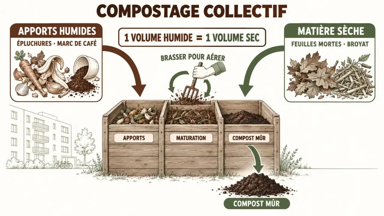 Schéma du fonctionnement d'un compostage collectif en pied d'immeuble avec équilibre déchets humides et secs