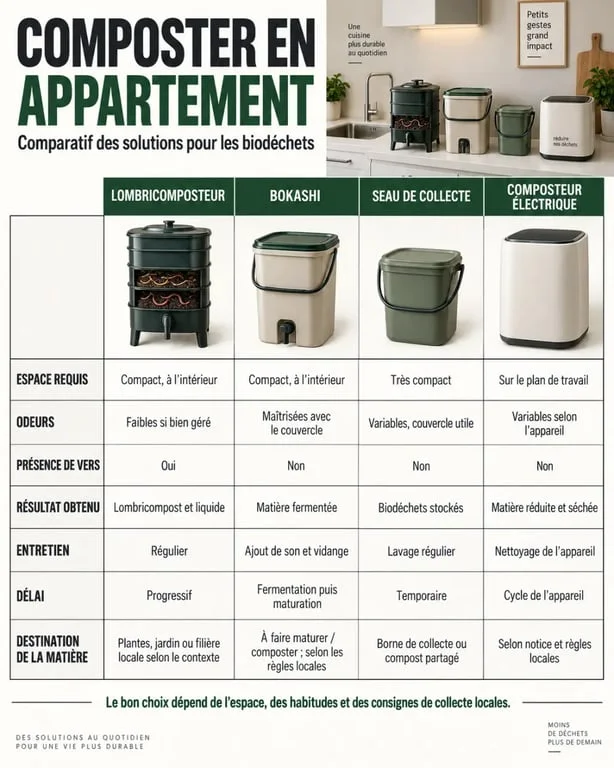 Infographie comparative d’un composteur appartement 1 personne : lombricomposteur, Bokashi, seau et composteur électrique