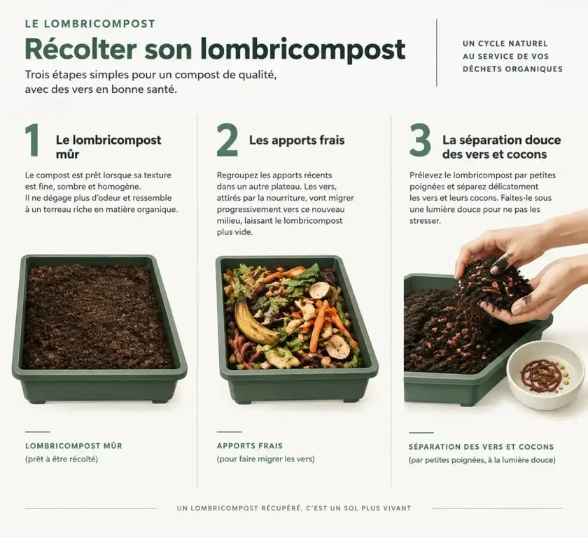 Illustration des étapes pour récolter le lombricompost en séparant les vers